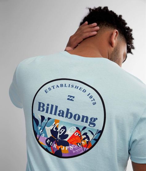 T Shirt Logo Design, Creative T Shirt Design, T Shirt Model, Shirt Logo Design, Surf Tee, Billabong Men, Shirt Design Inspiration, Floral Graphic, Coastal Blue