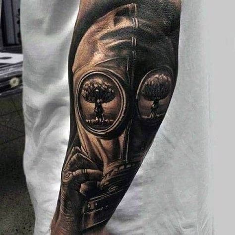 30 Mushroom Cloud Tattoo Designs For Men - Atomic Ink Ideas Apocalypse Tattoo, Gas Mask Tattoo, Cloud Tattoo Design, Gas Mask Art, Hyper Realistic Tattoo, Shape Tattoo, Cloud Tattoo, Mask Tattoo, 3d Tattoos