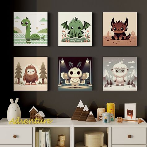 Cryptid Nursery Art, Cryptozoology Wall Art, Baby, Big Foot, Yeti, Loch Ness, Cthulhu, Monster, Chupacabra, Mothman, Creature - Etsy Cryptid Baby Shower Ideas, Cartoon Nursery Themes, Cryptid Themed Nursery, Mythical Creature Nursery, Bigfoot Nursery, Cryptid Nursery, Paintings For Baby Room, Cryptid Monsters, Nerdy Nursery