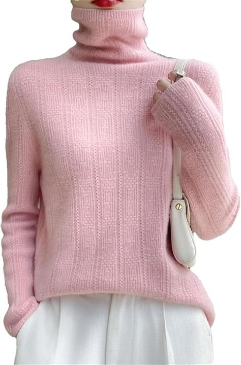 100% Merino Wool Flower Twist Sweater Women Turtleneck Sweater Solid Color Cashmere Jumper Pink S at Amazon Women’s Clothing store