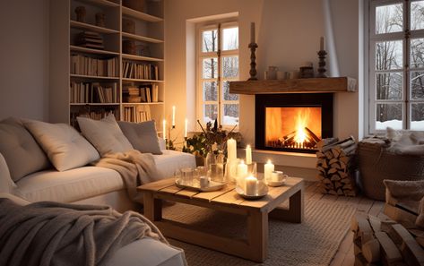 A cozy, Scandinavian-style living room in the winter, with a crackling fireplace, comfortable white sofas, and warm wooden accents, bathed in the soft glow of candlelight. Lived In Cozy Home, Bright And Airy Living Room Cozy, Cozy Winter Living Room Aesthetic, Cozy American Living Room, Cosy Winter Living Room, White Company Living Room, Cosy Scandi Living Room, Cozy English Living Room, Modern Hygge Living Room