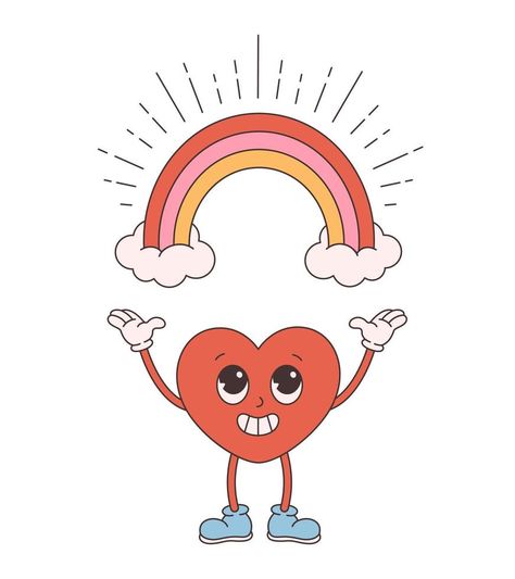 Trendy retro cartoon heart character with rainbow. Groovy style, vintage, 70s 60s aesthetics. Valentines day Valentines Aesthetics, Heart Character, Cartoon Heart, Heart Emoji, Retro Cartoon, Brand Communication, Retro Cartoons, Art References, Blackpink Lisa