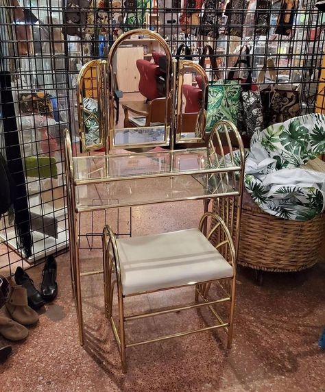 Long Beach Vintage Etc on Instagram: “1980s Super Rad Brass 2 Tier Glass Shelf & Vanity $225 • Trifold Tilting Mirror • Matching Upholstered Bench • Set is in Excellent…” 1980s Vanity, Bedroom Board, Shelf Vanity, Beach Vintage, Bench Set, Glass Shelf, Upholstered Bench, Glass Shelves, Long Beach