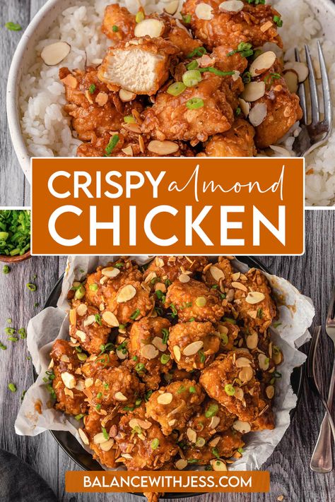 This is *the* best Panda Express copycat version of Crispy Almond Chicken Breast! Juicy marinaded chicken is coated in puffed rice cereal, then fried for a crispy yet light exterior. It's tossed with sliced almonds, green onion, and a savory umami sauce for the ultimate Chinese American dish! Dairy free. Asian Breaded Chicken, Honey Almond Chicken, Almond Chicken Recipes, Almond Chicken Chinese, Almond Fried Chicken, Almond Chicken Chinese Recipe, Chinese Almond Chicken, Umami Sauce, Japan Recipes