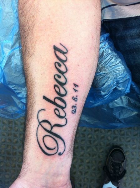 Rebecca Name Tattoo Design on Arm Tattoo For Men On Arm, Rebecca Tattoo, Small Name Tattoo, Forearm Name Tattoos, Name Tattoos On Arm, Inner Arm Tattoos, Names Tattoos For Men, Anker Tattoo, Inner Forearm Tattoo