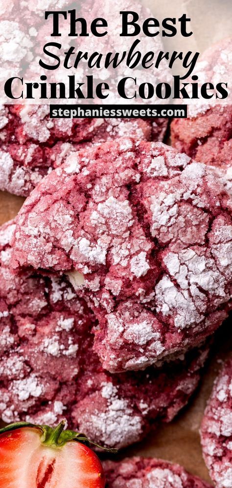 These strawberry crinkle cookies have chewy strawberry cookie with white chocolate chips and a powdered sugar crinkle top. They use freeze-dried strawberries for a strong strawberry flavor. Strawberry Christmas Cookies, Strawberry Chocolate Cookies, Easy Strawberry Cookies, Double Strawberry Cookies, Strawberry Powder Recipes, Pink Crinkle Cookies, Strawberry Crunch Sugar Cookies, Strawberry Crinkle Cookies Recipe, Crinkle Cookies Strawberry