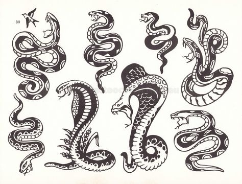 Sailor Mosko Production - 27 Flash From The Bowery, Traditional Cobra Tattoo Design, Traditional Tattoo Art Snake, Vintage Snake Tattoo, Traditional Snake Tattoo Flash, Sailor Mosko, Trad Snake Tattoo, Snake Flash Tattoo, Traditional Cobra Tattoo