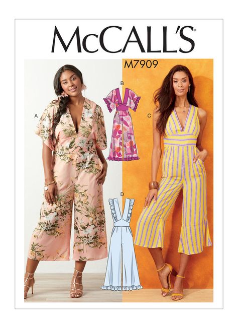 M7909 | Misses'/Women's Jumpsuits | McCall's Patterns Jumpsuit Sewing Pattern, Jumpsuit Sewing, Clothing Embellishments, Romper Sewing Pattern, Jumpsuit Pattern Sewing, Butterick Sewing Pattern, Jumpsuit Pattern, Mccalls Sewing Patterns, Sew Easy