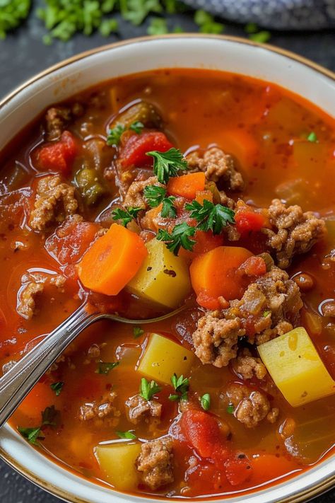 Discover the ultimate hamburger soup recipe, a creamy, easy stew packed with ground beef and vegetables. A delicious blend of meat and veggie flavors, perfect for any meal. You can prepare hamburger soup in a Crock Pot, instant pot, slow cooker, pressure cooker, or stove top. Explore this hamburger soup recipe and more soup recipes at simplycalledfood.com. Minced Meat Soup, Fall Soup Recipes Ground Beef, Meat Soup Recipes, Ground Meat Soup, Hamburger Soup Recipes, Instant Pot Recipes Soup, Soups With Ground Beef, Soup In A Crock Pot, Ground Beef Soup Recipes