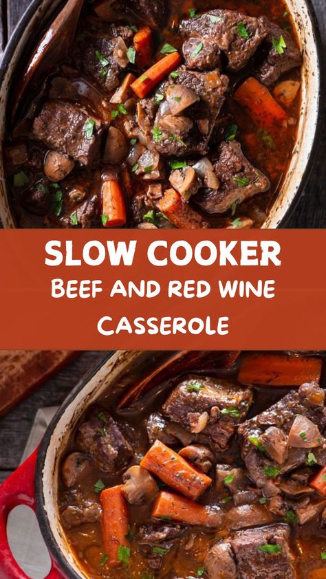 Slow Cooker Beef and Red Wine Casserole Beef Red Wine Slow Cooker, Beef In Red Wine Slow Cooker, Beef Stew With Red Wine Crockpot, Red Wine Pot Roast Slow Cooker, Slow Cooker Beef Stew Recipes, Beef Burgundy Slow Cooker, Slow Cooker Beef Casserole, Beef Stew Wine, Red Wine Stew