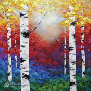 Melissa Mckinnon, Fall View, Forest Landscape Painting, Boom Kunst, Birch Tree Art, Tree Paintings, Aspen Tree, Pot Crafts, Paint Night