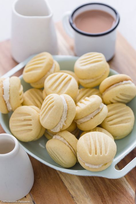 Vanilla Melting Moments - Wholesome Patisserie Special Cookies Recipes, Melting Moments Biscuits, Melting Moments Cookies, Beautiful Biscuits, Prune Recipes, Eggless Cakes, Xmas Baking, Vanilla Filling, Melting Moments