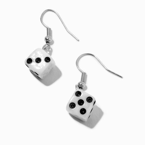 You'll be ready to roll when you put on these super fun drop earrings! Silver-tone earrings feature dangling black and white dice charms that are sure to capture everyone's attention. Finish: Silver-tone Drop: 1" Closure: Fish hook Material: Plastic - Claire's Black & White Dice 1" Drop Earrings Black Earrings Aesthetic, Weirdcore Accessories, Hot Topic Earrings, Weirdcore Fashion, Random Earrings, Scene Earrings, Emo Earrings, Silly Earrings, Earrings Grunge