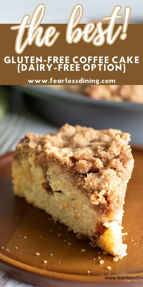 This fluffy homemade gluten free coffee cake has a thick streusel topping that can't be beaten. Dairy-free option, you will love this cake. Top it with icing if you like, this easy gluten free cinnamon crumb cake recipe is a fan favorite. www.fearlessdining.com Gluten Free Coffee Cake Recipe, Cinnamon Crumb Cake, Gluten Free Coffee Cake, Gluten Free Coffee, Gluten Free Cinnamon, Gluten Free Dairy Free Dessert, Dairy Free Coffee, Dairy Free Baking, Crumb Cake Recipe