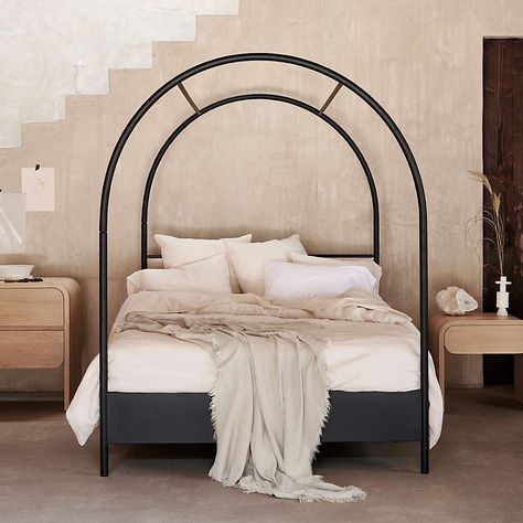 Canyon Arched Twin Black Canopy Bed with Upholstered Headboard | Crate and Barrel Arched Canopy Bed, Statement Bed, Platform Bed Designs, Modern Farmhouse Furniture, Mediterranean Decor, Classic Bedroom, Beds And Headboards, King Headboard, Canopy Bed