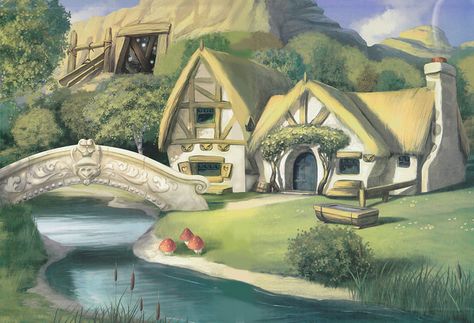 Snow White House | snow white dwarfs house+mine Snow White Wallpaper, Snow White Cottage, Snow White Theme, Bedroom Wallpaper Murals, Kids Bedroom Wallpaper, Snow White Dwarfs, Disney Backgrounds, House Cartoon, Disney Princess Snow White