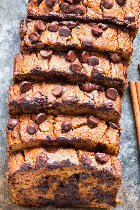 This paleo pumpkin bread is perfectly soft, tender, moist and full of sweet spices and dark chocolate chips.  It's made with coconut flour, grain free, dairy free and nut free.  Kid approved too and great for after school snacks and even breakfast! Coconut Flour Pumpkin Bread, Pumpkin Bread With Chocolate Chips, Aip Bread, Paleo Pumpkin Recipes, Paleo Pumpkin Bread, Bread With Chocolate Chips, Healthy Breads, Paleo Running Momma, Paleo Breads