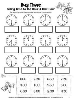 Telling Time Games, Telling Time Activities, Time To The Hour, Grade 1 Math, Telling Time Worksheets, Math Charts, Learning Binder, Cut And Paste Worksheets, Time Worksheets