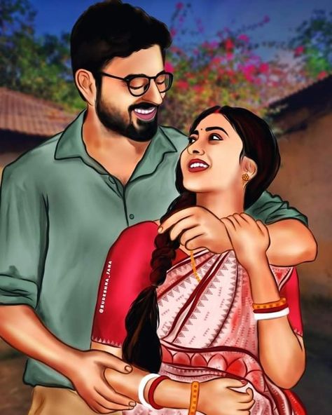 LOVE PIC Indian Couple Drawing Art, Navnath Photo, Indian Couple Illustration, Indian Couple Painting Romantic, Romance Sketch, Kids Village, Bengal Art, Genius Movie, Love Pic