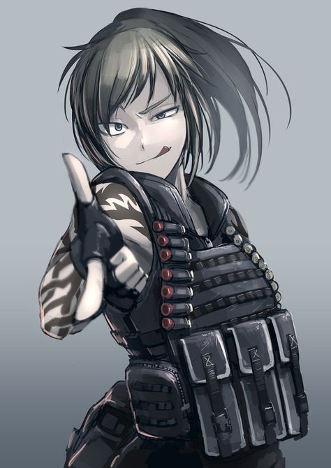 1girl ;p ammunition blue_eyes blurry brown_hair depth_of_field fingerless_gloves gloves hetza_(hellshock) load_bearing_vest looking_at_viewer original pointing pointing_at_viewer pouch shotgun_shells solo suzumi_(hetza) tattoo tongue wink Mafia Girl Aesthetic, Hetza Hellshock, Female Mafia, Mafia Queen, Revy Black Lagoon, Queen Anime, Anime Military, Military Girl, Black Lagoon