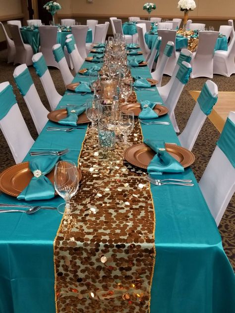 Rose Gold And Tiffany Blue Wedding, Black Gold And Turquoise Party Decor, Aqua And Gold Party Decorations, Turquoise Gold And White Wedding, Aqua Blue And Gold Wedding, Cyan And Gold Wedding Theme, Teal And Gold Decorations Party, Teal And Gold Sweet 16 Party Ideas, Teal Decorating Ideas Birthday Parties