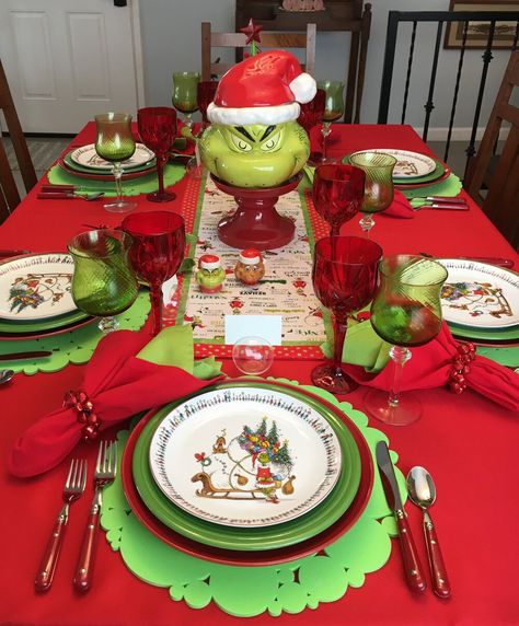 Grinch tablescape, table setting, red and green, Christmas, for more information about everything on this table please click on the link to my blog post about it: https://www.whispersoftheheart.com/blog/2019/11/27/a-grinch-at-the-table Grinch House, Grinch Table, Grinch Night, Lumberjack Christmas, Grinch Stuff, Grinch Trees, Grinch Decorations, Grinch Christmas Party, Whoville Christmas