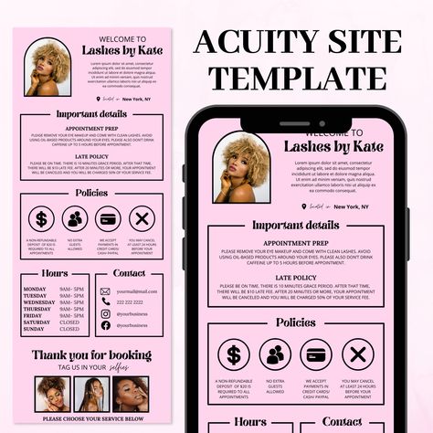 Acuity Scheduling Template, DIY Booking Site Template, Acuity Design, Lash Tech Acuity, Hair Stylist Acuity, MUA Acuity, Lash Tech Website Lash Tech Website Ideas, Acuity Design, Lash Tech Website, Esthetician Templates, Bday Outfits, Tech Website, Scheduling Template, Booking Website, Schedule Templates