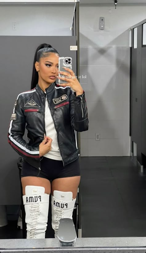 Biker Outfits Black Women, Leather Jacket Outfit Baddie, Car Racing Outfit For Women, Leatherman Jacket Outfit, Racing Jacket Outfits, Racer Jacket Outfit Women, Basketball Game Fits, Biker Jacket Outfit Women, Motocross Outfits