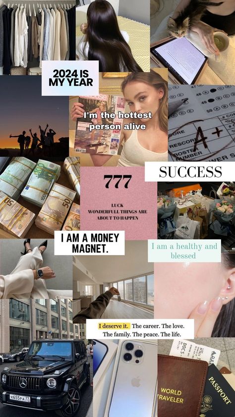 Vision board, 777, success, dreamy girl, succes, money magnet, wishlist Vision Board Success, Juice For Skin, Vision Board Examples, Money Vision Board, Vision Board Images, Vision Board Goals, Vision Board Pictures, Dream Vision Board, Money Images