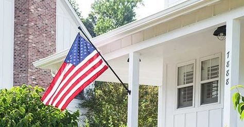 Porch Flag Ideas, Flag On House Front Porches, American Flag On House Exterior, Flag On Front Porch, American Flag On Porch, Flags On Houses, American Flag On House, American Flag Front Porch, Flag On Porch