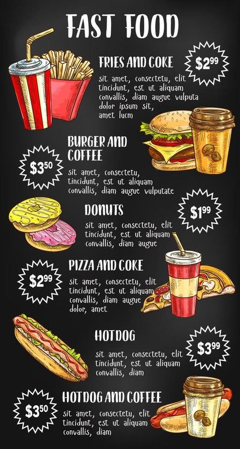 Fast food menu on chalkboard design Menu On Chalkboard, Fast Food Menu Design, Fast Food Restaurant Design, Resep Makanan Beku, Papan Menu, Menu Sans Gluten, Fast Food Logos, Food Truck Menu, Cafe Menu Design