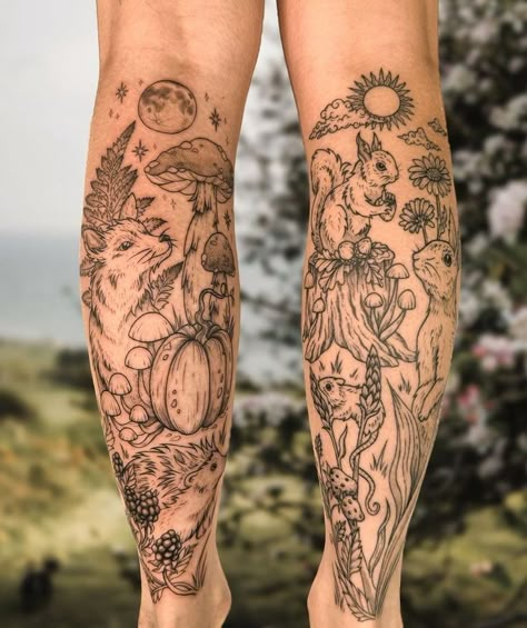 Forest Theme Sleeve Tattoo, Girly Arm Tattoos Sleeve, Botanical Calf Tattoo, Woodland Leg Sleeve Tattoo, Woodland Creatures Tattoo Sleeve, Forest Animal Tattoos For Women, Animal Tattoo Sleeve Women, Woodland Sleeve Tattoo, Woodland Animal Tattoo