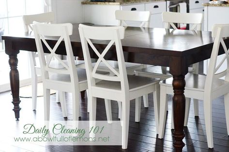 Similar to what i am trying to acheive with my dining room table makeover look. #diningchair Dark Brown Table With White Chairs, Dark Table With White Chairs, Dark Table And Light Chairs, White Chairs With Dark Wood Table, Light Chairs With Dark Dining Table, Dark Table White Chairs, Brown Table White Chairs, Dark Table Light Chairs, Table With White Chairs