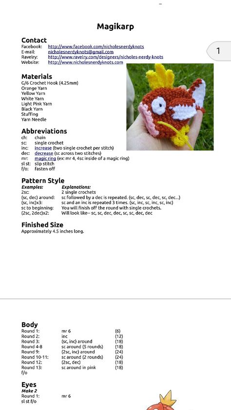 Magikarp patt 3 Crochet Magikarp, Crochet Tapestries, Pokemon Pattern, Crochet Tapestry, Pink Yarn, Yarn Needle, Slip Stitch, Single Crochet, Crochet Hooks