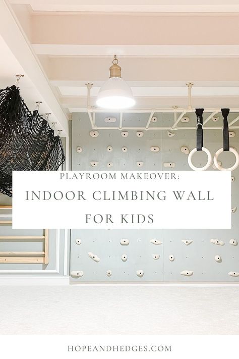 This mom of 6 turned an old basement into a much-loved Indoor Kids Gym featuring a kids climbing wall, climbing wall ladder, cargo net, monkey bars, and rings. A basement makeover that any kid will love! Let's dive into the details of this kids climbing wall playroom makeover! Kids Ninja Course Basement, Cargo Net Playroom, Basement Climbing Gym, Indoor Jungle Gym Diy Basement, Basement Indoor Playground, Indoor Kids Gym Playroom, Indoor Playground Playroom, Older Kid Playroom Ideas, Basement Climbing Wall