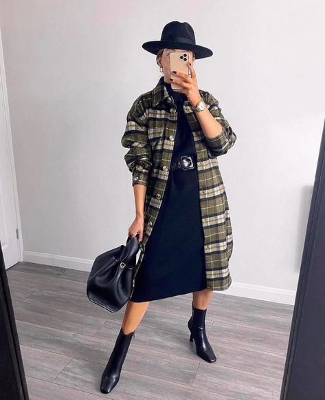 Thick Calfs Outfit, How To Wear A Long Shacket, Long Shacket Outfit Women Winter, Shacket Dress Outfit, Long Plaid Shacket Outfit, Shacket With Dress, Shacket And Dress Outfit, Dress With Shacket, Shacket Outfit Women Winter