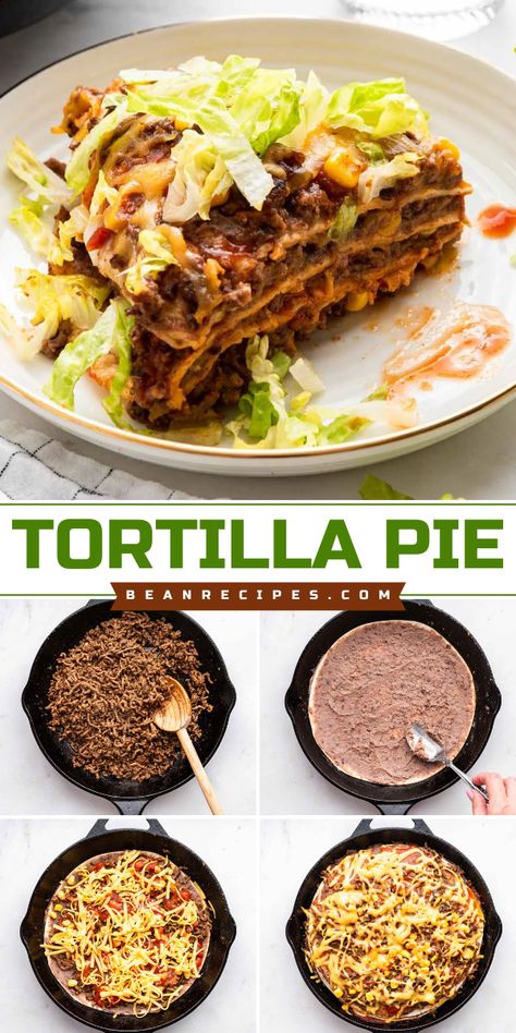 Give this Tortilla Pie a try for the perfect family friendly dinner! Made from scratch in just 30 minutes, this one pan meal features ground beef, refried beans, flour tortillas, corn, and salsa. A tasty beef recipe for dinner that everyone will love! Flour Tortilla Recipe Meals Dinners, Flour Tortilla Recipe Meals, Tortilla Recipe Meals, Ground Beef Refried Beans, Easy Bean Recipes, Flour Tortilla Recipe, Tortilla Pie, Tasty Easy Recipes, Dinner Ideas For Tonight