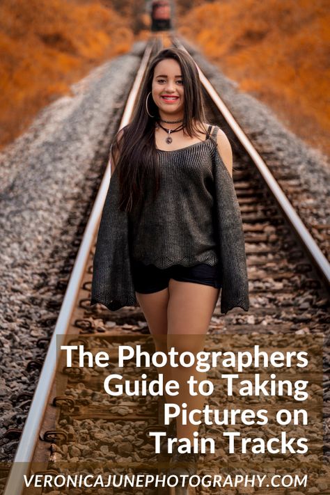 Train tracks are awesome for photos, aren’t they!? Photographers need-to-know if it's a good idea to take pictures on railroad tracks. Includes pictures, information, and ideas about family portraits. #traintracks #traintrackphotos #traintrackphotoshoot #railroadtracks #railroad #railphotography #traintrack #railroadtrack #railroadphotography #traintracksafety #safetyfirst #veronicajunephotography Train Track Senior Pictures Guys, Railroad Family Photoshoot, Railroad Pictures Poses, Pictures On Railroad Tracks, Train Family Pictures, Railroad Track Photoshoot, Senior Pictures Railroad Tracks, Railroad Senior Pictures, Train Track Poses