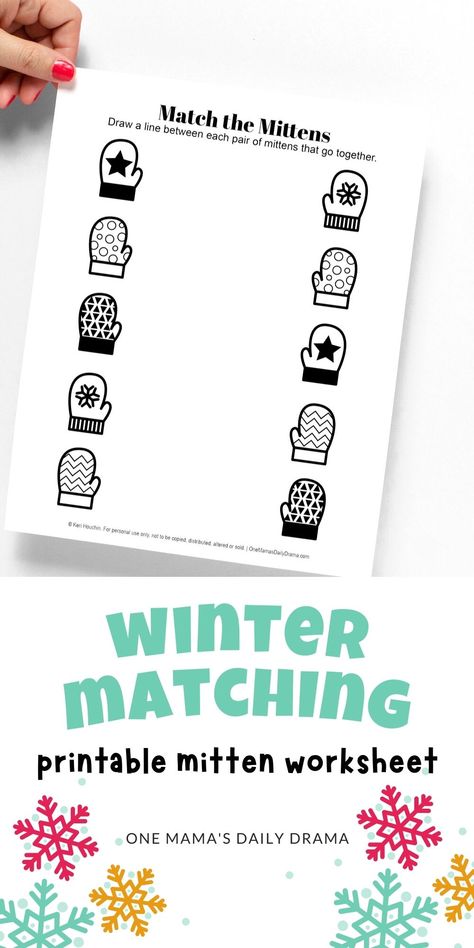 Mitten Matching Printable, Winter Clothes Worksheets For Kids, The Mitten Activities Preschool, Daily Drama, Easy Kid Activities, Preschool Tracing, Toddler Worksheets, Free Preschool Printables, Matching Worksheets