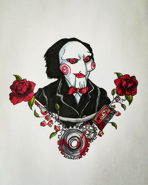 Billy Jigsaw Tattoo, Jigsaw Puppet Tattoo, Billy Saw Drawing, Billy Saw Tattoo, Jigsaw Saw Drawing, Billy The Puppet Tattoo, Saw Movie Tattoo Ideas, Saw Tattoo Design, Saw Tattoo Jigsaw