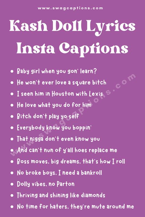 Bless your Instagram feed with edgy Kash Doll lyrics! This article has the hottest Kash Doll quotes from songs like "Ice Me Out" for caption inspo. #kashdoll #raplyrics #instagramcaptions #songlyrics #musicquotes #captionideas #igcaptions #quarantinecaptions #captioninspo #instacaptions #socialmediatips #pinstripes #womeninrap Doll Quotes, Quotes From Songs, Kash Doll, Ig Captions, Rap Lyrics, Perfect Word, Song Quotes, Instagram Captions, Music Quotes