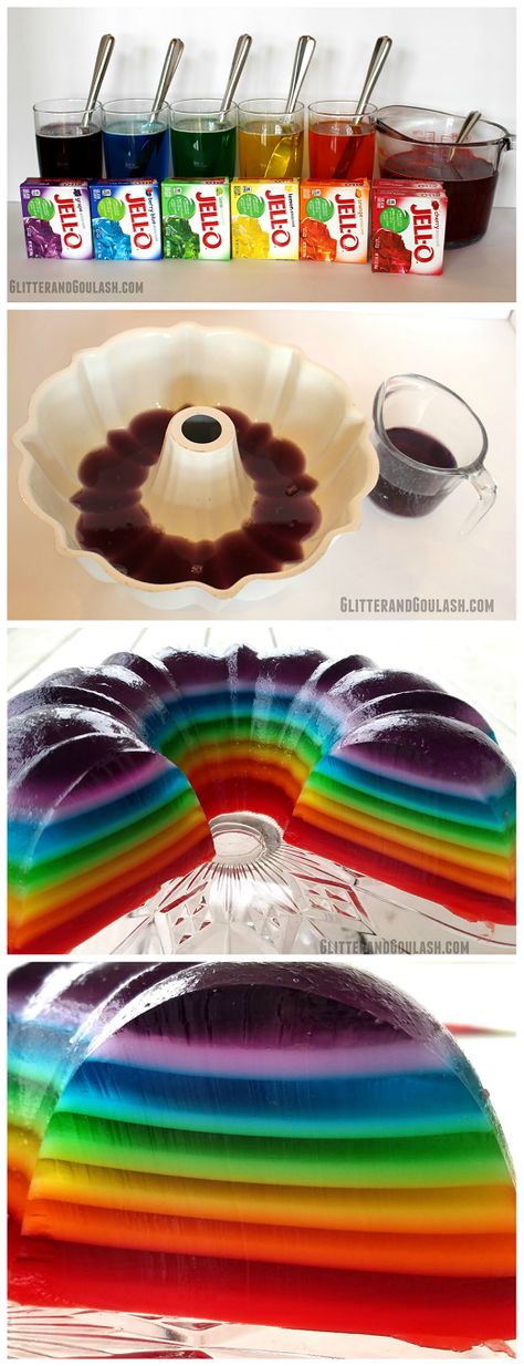 Rainbow Jello Mold using a bundt pan...what a fun dessert for a party or st.patricks day!! Rainbow Jello, Fun Dessert, Trolls Birthday Party, Jello Desserts, Jello Mold, Jello Molds, Jello Recipes, Rainbow Food, Rainbow Birthday Party