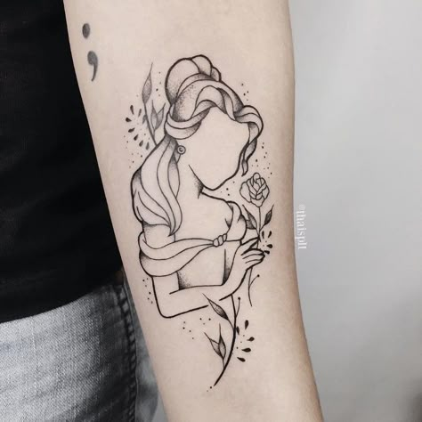 Disney Tattoo Designs, Disney Characters Tattoos, Matching Disney Tattoos, Minnie Tattoo, Disney Inspired Tattoos, Belle Tattoo, Disney Sleeve Tattoos, Beauty And The Beast Tattoo, Disneyland World