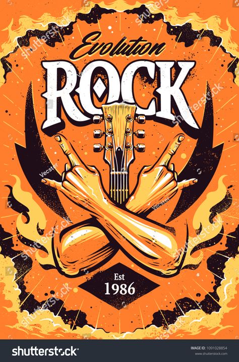 Rock Concert Poster Design, Rock Poster Design, Hands Crossed, Rock Illustration, Image Rock, Rock Logo, Rock Sign, Guitar Illustration, Rock Poster Art