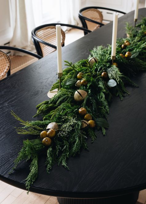 Garland Table Runner, Table Garland, Norfolk Pine, Christmas Table Centerpieces, Pine Garland, Christmas Porch Decor, Home Inspo, Christmas Porch, Christmas Table Settings