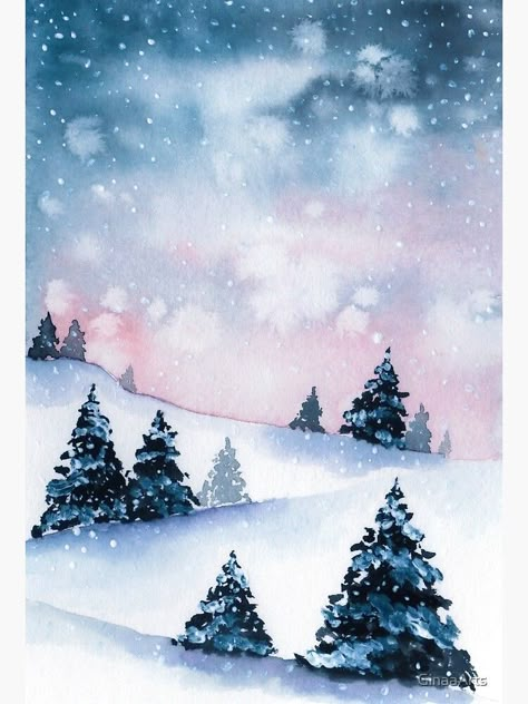 "Winterlandschaft Aquarell" Fotodruck von GinaaArts | Redbubble Aquarell Christmas Cards, Aquarell Christmas, Christmas Aquarell, Winter Landscape Watercolor, Winter Karten, Christmas Bookmarks, Christmas Landscape, Winter Watercolor, Christmas Card Art