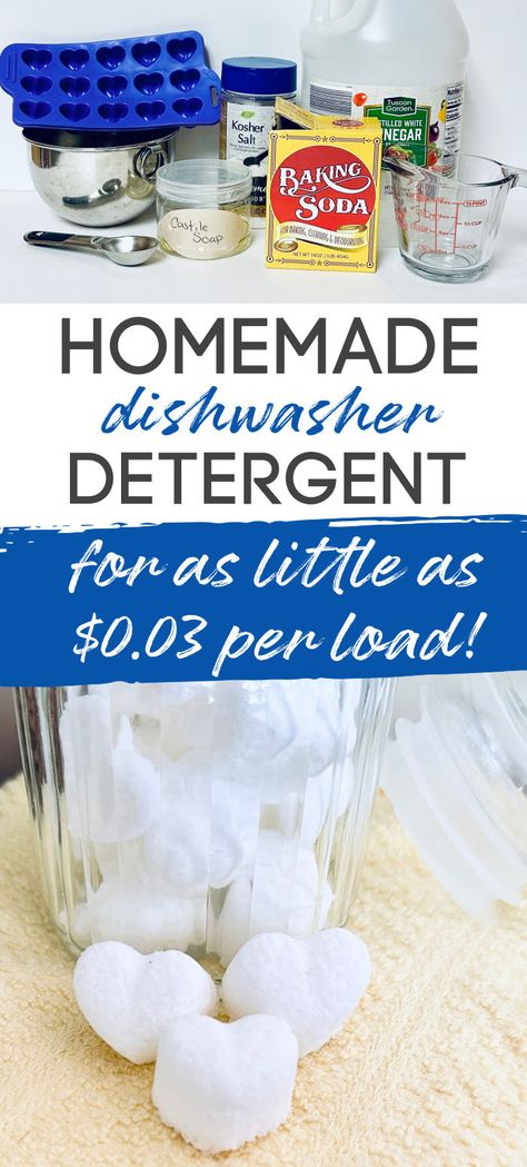 Image of ingredients for homemade dish detergent and finished dishwasher detergent tablets and text "Homemade dishwasher detergent for as little as $0.03 per load!" Homemade Dishwasher Tablets, Diy Dishwasher Cleaner, Diy Dishwasher Soap, Homemade Dishwasher Soap, Best Dishwasher Detergent, Natural Dishwasher Detergent, Diy Dishwasher Detergent, Homemade Dishwasher Detergent, Dishwasher Tabs