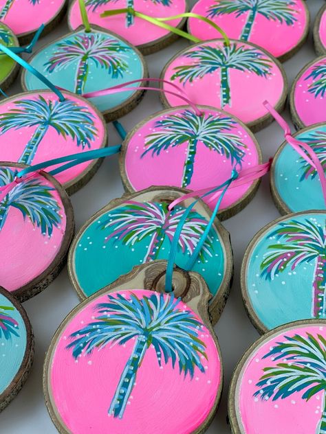 Coastal Christmas Ornaments Palm Tree Ornament Personalized Ornament Beachy Christmas Handmade Ornaments Lilly Style Decor - Etsy Hawaiian Ornaments Diy, Coastal Christmas Tree Ornaments, Beach Christmas Door Hanger, Beach Themed Christmas Tree, Painted Ball Ornaments, Beachy Christmas Ornaments, Hawaiian Christmas Decorations, Beachy Ornaments, Painted Christmas Baubles