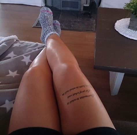 Thigh tattoos are becoming increasingly popular, especially among women. Feminine classy thigh tattoos can be both feminine and classy at the same time, and I will give are a variety of designs to choose from. CLICK TO READ!!

#feminineclassythightattoo #femininetattoo #thightattoo #Tattoofemale #baddietattoo Qoute Tattoo On Leg, Tattoo On Leg Women Text, Tattoo Leg Woman Text, Leg Tattoos Women Writing, Writing Leg Tattoos Women, Script Tattoo Placement Leg, Quote Knee Tattoo, Text Tattoo On Thigh, Leg Writing Tattoos Women