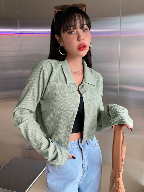 DAZY Solid Button Up Blouse Mint Shirt Outfit, Light Green Shirt Outfit, Mint Green Shirt Outfit, Green Shirt Outfits, Mint Green Outfits, Mint Green Shirts, 2024 Wardrobe, Mint Shirt, Wardrobe Capsule